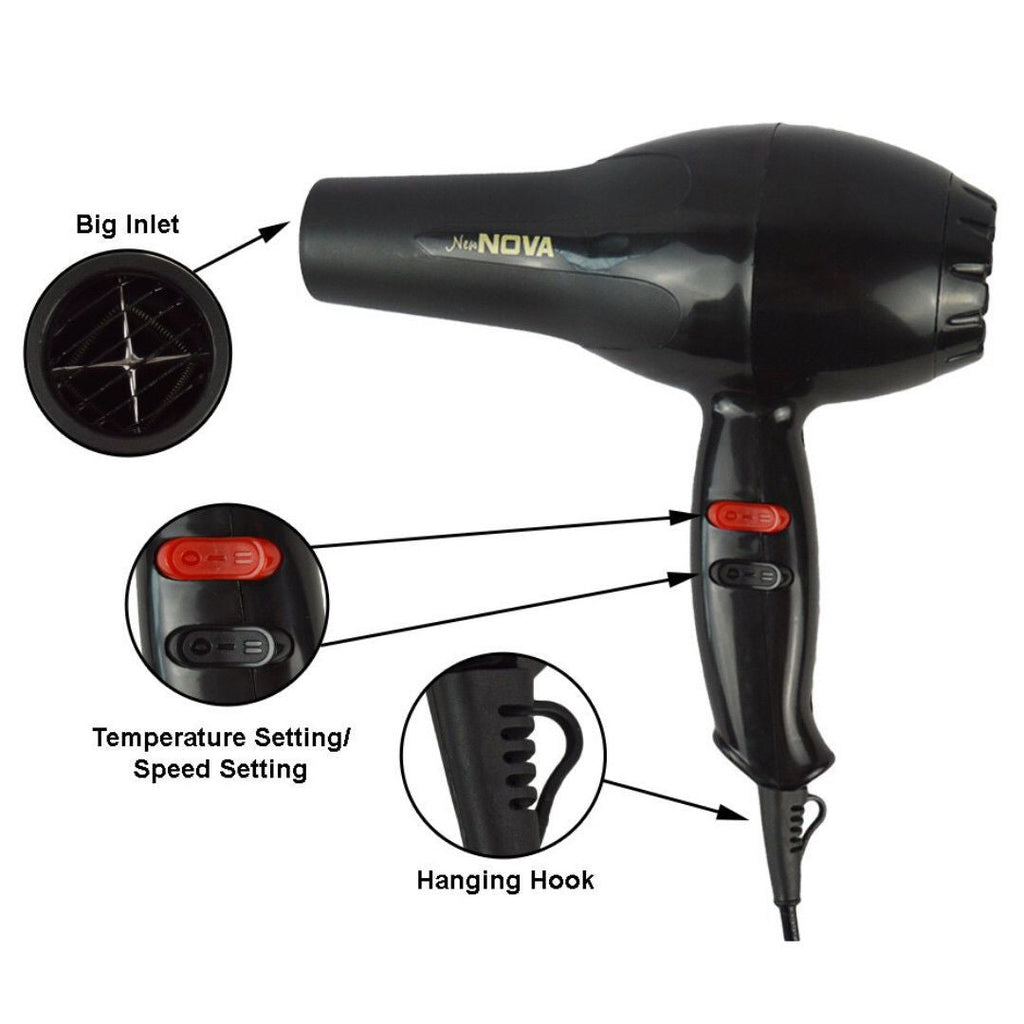Professional High Power Hair Dryer with Concentrator Nozzle | 2 Speed & Heat Settings | Lightweight Salon Styling Blow Dryer (Black)